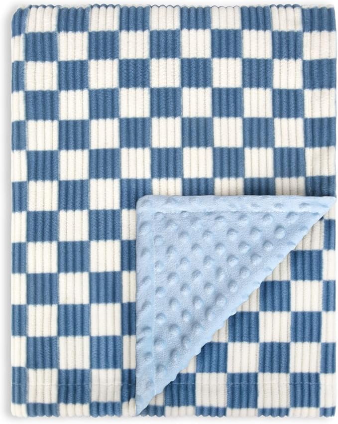 Baby Blanket for Boys Girls 3D Checkerboard Grid Ultra- Soft Cozy Corduroy Toddler Blanket for Kids Stripe Chessboard Plaid Design Receiving Blanket Blue 30 x 40 Inches