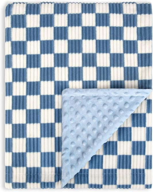 Baby Blanket for Boys Girls 3D Checkerboard Grid Ultra- Soft Cozy Corduroy Toddler Blanket for Kids Stripe Chessboard Plaid Design Receiving Blanket Blue 30 x 40 Inches