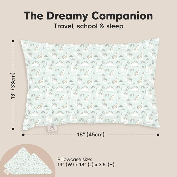 Toddler Pillow with Pillowcase - 13x18 My Little Dreamy Kids Travel Bed Pillows for Sleeping, Organic Cotton Small Pillowcase, Soft & Breathable, Machine Washable, Toddlers 2-5 Years Old (DinoBloom)