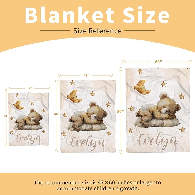 Personalized Baby Blanket, Custom Name Baby Blanket for Boys Girls, Brown Bear Double Layer Dotted Backing Receiving Swaddle Blankets, Infants Toddlers New Parents Customized Gifts(30"x40")
