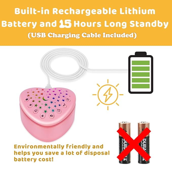 A13 White Noise Machine & Baby Sleep Soother with 15 Soothing Sounds & Projector LED Star Night Light, Cry Sensor, Rechargeable Lithium Battery, Portable for Baby Gifts, Children, Toddlers (Pink)