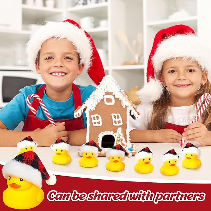 Liliful 48 Pcs Christmas Rubber Ducks with Hat Xmas Mini Rubber Ducks in Bulk Holiday Party Favors Bath Toys for Christmas Party Decor Gift (Berry Plaid Hat)