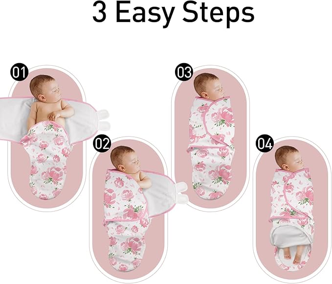 GLLQUEN BABY Baby Swaddle Sleep Sacks with Zipper - 3-Pack Newborn Swaddling Sack, Baby Swaddles Sleep Sack 0-3 Months,Pink Floral or Leaves, Swaddling Blankets 3 Pack Wrap Set, Easy Change Swaddle