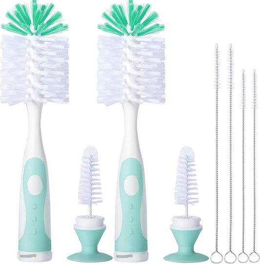 2 Pack Baby Bottle Brush with 4 Pack Straw Brushes, 10.2" Nylon Brushe with Nipple Cleaner and Stand Suction Cup, Green