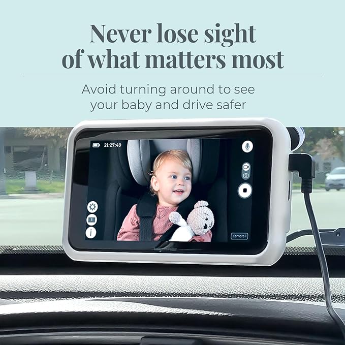 Tiny Traveler Baby Monitor Portable Baby Car Camera with Add-On Camera & Travel Kit, Night Vision HD 720p 5" Touchscreen, Battery Powered, Split-Screen, Travel Pouch Included - White