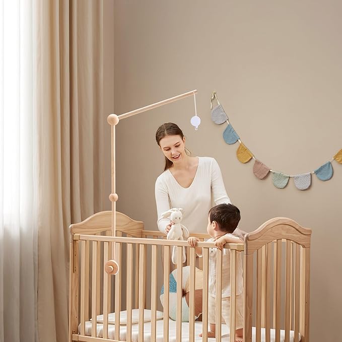Baby Crib Mobile Arm Wooden Holder with Rotating Music Box Nursery Decor Attachment Safe Anti Slip Set for Baby Girls Boys Nursery Decor