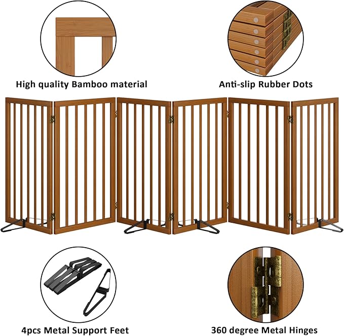 Dog Gate 32" Tall Foldable Dog Gate for Doorways Freestanding Pet Gate for Dogs Indoor (Walnut,6 Panel)