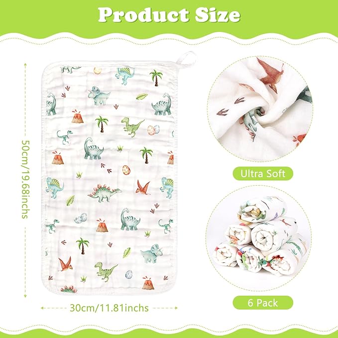 Baby Burp Cloths Muslin Washcloths 6 Pack Muslin Burp Cloths 100% Cotton Large 20''x12'' Soft 6 Layers Baby Burp Rags for Boys Girls Baby Essentials for Newborn Gift Machine Washable