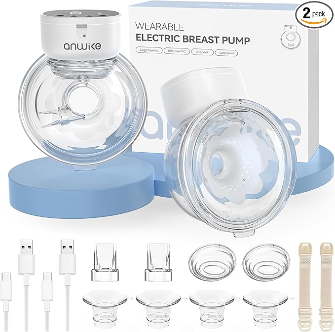 ANWIKE Hands Free Breast Pump Ultra-Light 230g, Wearable Breastfeeding Pump Portable for Travel and Work, Low Noise, Ergonomic 135° Flange, 9 Levels 4 Modes with 19/21mm Flange Inserts (Black 2 Pack)
