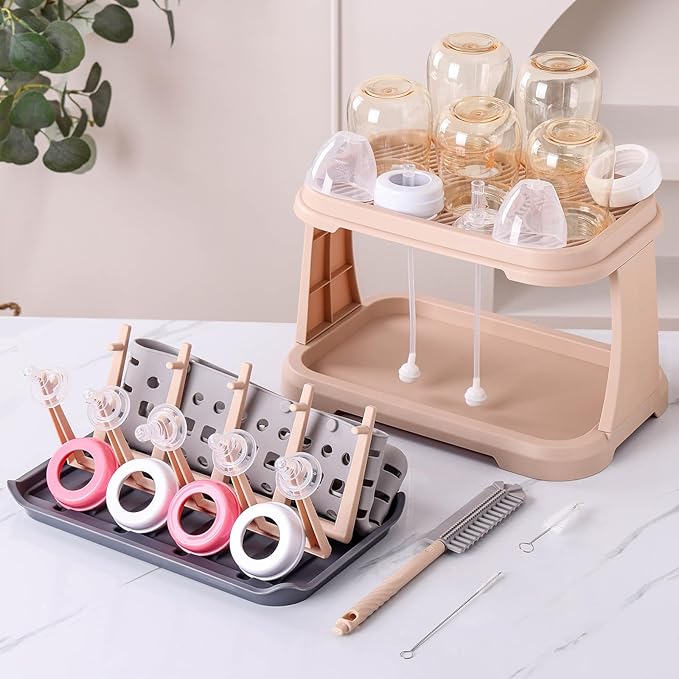 Baby Bottle Drying Rack:Space Saving Standing Drying Rack for Baby Bottles and Pump Part Cleaning,be Equipped with Bottle Brush（Pink Lotus Root）