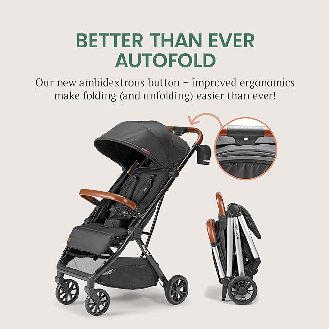 Bombi Bēbee V2 Lightweight Baby Stroller - Premium Vegan Leather, One-Hand Fold, Infinite Recline, Aircraft-Grade Aluminum Frame, XXL Canopy, and Ample Storage Umbrella Stroller - Hickory