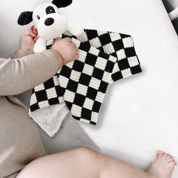Baby Security Blanket for Boys Girls, High Contrast Super Soft 3D Checkerboard Gingham with Minky Dot Fabric Backing Snuggle Stuffed Animal Blankie Puppy Lovely Black 14 Inch