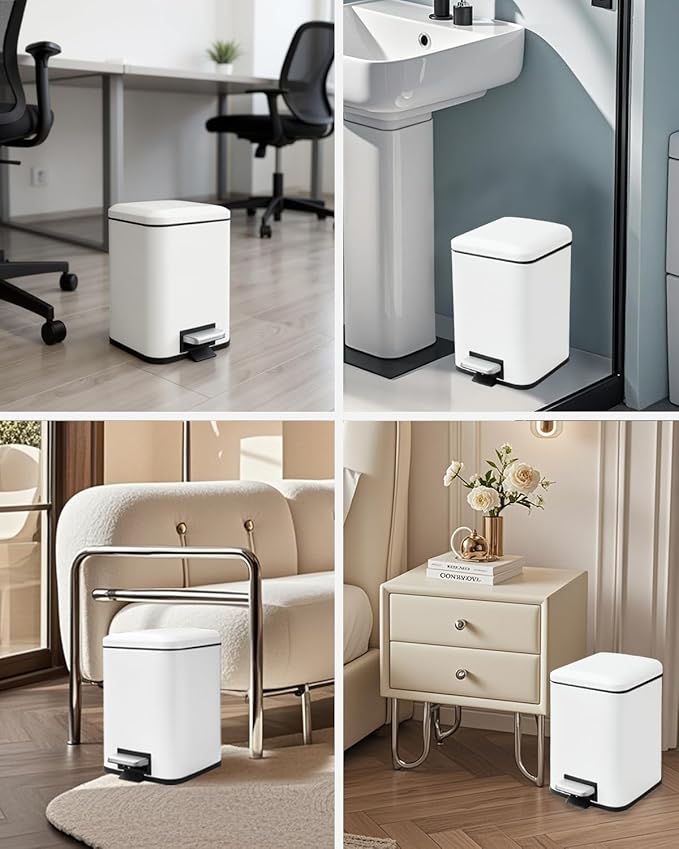 Bathroom Trash Can with Lid, 6 Liter / 1.6 Gallon Small Trash Can with Removable Liner Bucket, Soft Close lid & Step Pedal, White Stainless Steel Garbage Can for Bedroom, Office