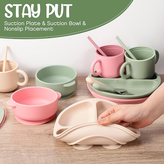 Yinder 24 Pack Silicone Baby Feeding Set Baby LED Weaning Supplies Includes Suction Divided Plates Soft Bowl Spoons Forks Adjustable Bib Snack Cup and Straws(Dark Green, Beige, Light Pink)