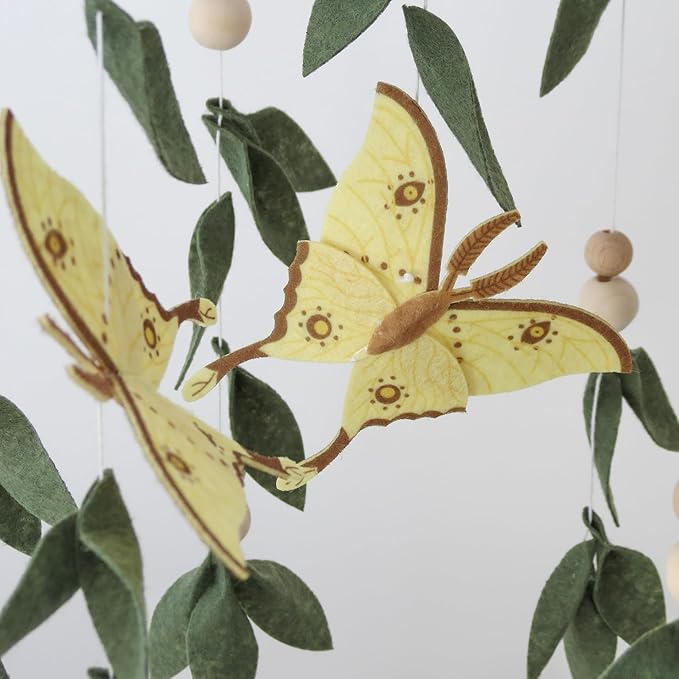 Forest Crib Mobile for Girls Boys, Yellow Butterfly & Green Leaves Baby Mobile for Crib, Butterfly Mobile for Crib Girl, Forest Nursery Mobile