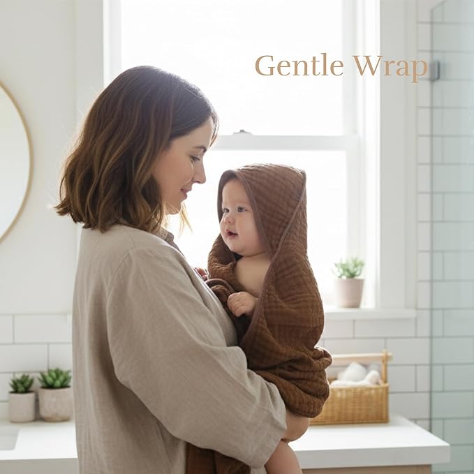 4-Piece Muslin Bath Towel Set - Perfect for New Moms, 32x32 Inch, 6-Layer Ultra-Soft Cotton, Ideal for Infants (Coffee & Blue)