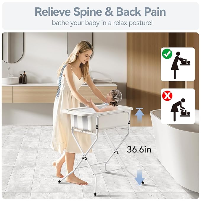 Collapsible Baby Bathtub with Stand - Large Baby Bath Tub with Thermometer & Cushion | Portable Travel Newborn Infant Bathtub | Foldable Toddler Bathtub for Baby 0 to 36 Months (White)