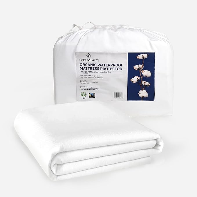 Fabdreams Organic Twin Size Waterproof Mattress Protector, 39" x 77", White, Temperature Regulating, Breathable, 100% Organic Cotton