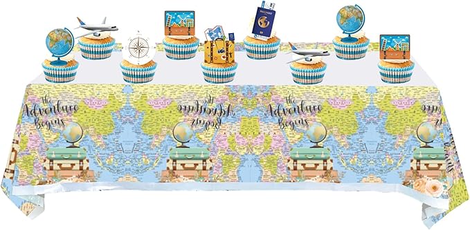 2 Pcs Adventure World Awaits Tablecloth, The Adventure Begin Birthday Party Supplies Decorations–Adventure Party Table Cover (70.9" x 42.5")