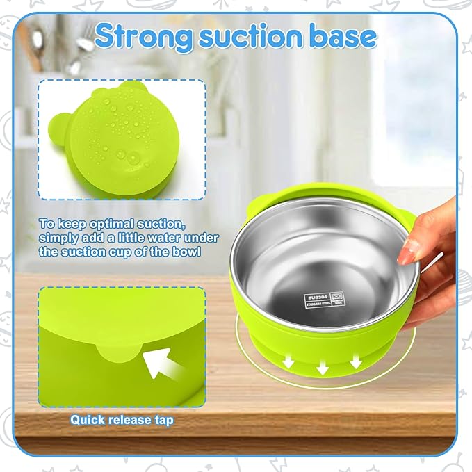 2 Pack Stainless Steel Baby Bowls with Removable Non-Slip Silicone Suction Shell, Anti Scald Food Container for Baby Food Feeding, Forks + Spoons Included -Blue & Green