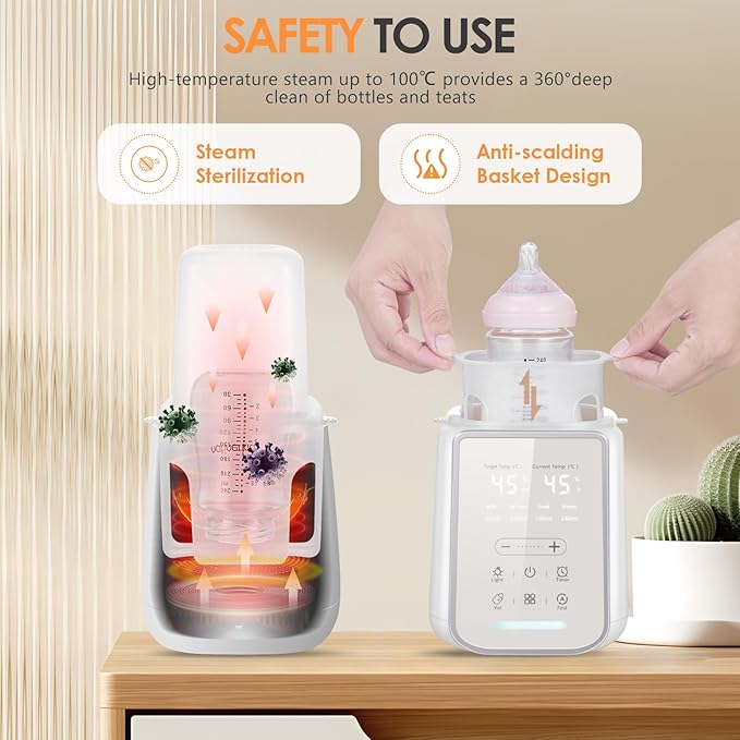 Baby Bottle Warmer, Fast Baby Milk Warmer with Timer, 8-in-1 Baby Milk Warmer with Digital Display, Night Light for Nighttime Breastfeeding, Bottle Warmer for All Bottles with Sterilizing Keep Warm