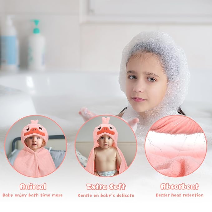 Baby Bath Towels with Hood,2 Pack Animal Hooded Toddler Bath Towel Baby Bath Towels Hooded Kids Towel for Boy Girl Baby Towels with Hood (32 x 50 Inch, L x W),Yellow Chick & Pink Duck