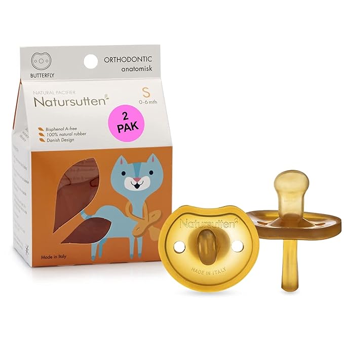 Natursutten Pacifiers 0-6 Months - 2-Pack Butterfly Shield Orthodontic Nipple Natural Rubber Safe & Soft BPA-Free Pacifier for Breastfeeding Babies - Newborn Pacifiers Made in Italy