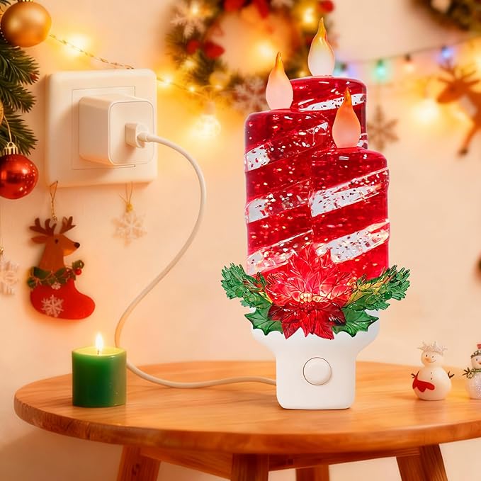 Christmas Candle Night Light Plug into Wall Swirling Glitter USB Portable Christmas Decorative Night Light Decoration for Kids Adults Bedroom Kitchen Living Room Holiday Decor (Red Candles)