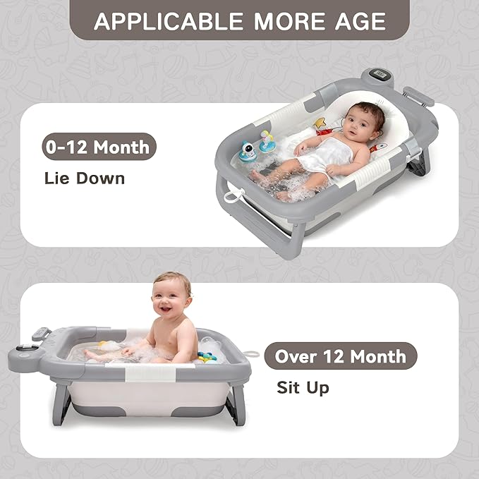 Collapsible Baby Bathtub for Newborn to Toddler (0-24 Months), Portable Baby Bath Tub for Travel, Newborn Bathtub with Soft and Supportive Cushion (Astronaut-Gray)