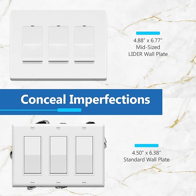 LIDER Matte Finish Triple Decorator Switch Cover, Screwless Wall Plate, Mid-Size 3-Gang 4.88" x 6.77", Polycarbonate Thermoplastic, UL Listed, LSWP-33M-W, White