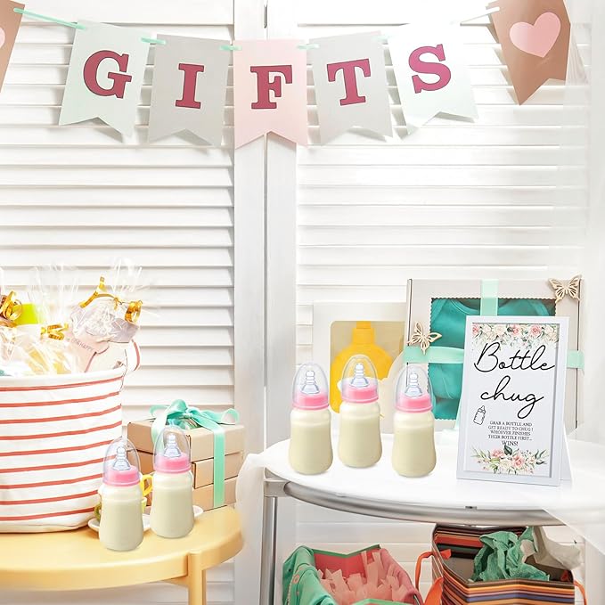 Roowest Bottle Chug Baby Shower Game Favors Including Flower Theme Bottle Chug Game Wooden Sign and 18 Pcs Pink Baby Bottles for Baby Shower Game Gender Reveal Party Supplies