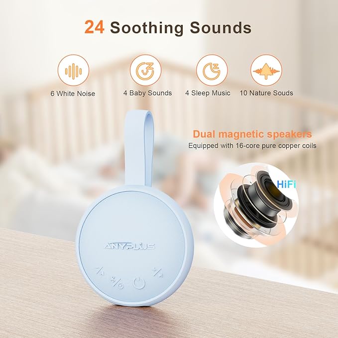 White Noise Sound Machine, Portable Sound Machine for Sleeping Adults & Baby, with Bluetooth 5.1/24 Soothing Sounds/Battery Powered/3 Timer Memory Function for Office/Bedroom/Travel（Blue）