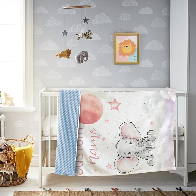 Personalized Baby Blanket, Customized Newborn Blankets with Name, Soft Receiving Blanket for Girl Boy, Pink Elephant Double Layer Dotted Swaddle, Nursery Toddler (30"x40")