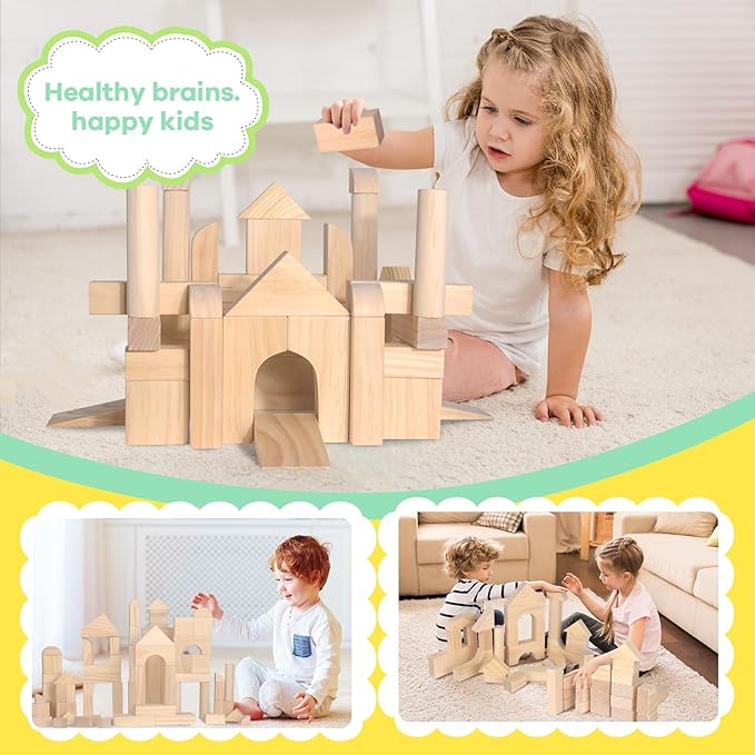 64-Piece Wooden Building Blocks with Storage Tray | Natural Wood Preschool Educational Toys for Toddlers Ages 3+ | Ideal Gift for Boys & Girls