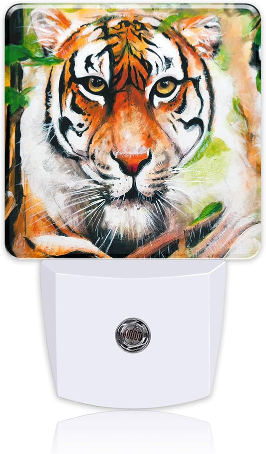 Plug in Night Lights Oil Painting Tiger in Jungle Nightlight Plug Into Wall Dusk to Dawn Sensor LED Night Light for Kid Girls Boys Women Room Decor,Hallway,Kitchen,Bathroom,Nursery,Stairs