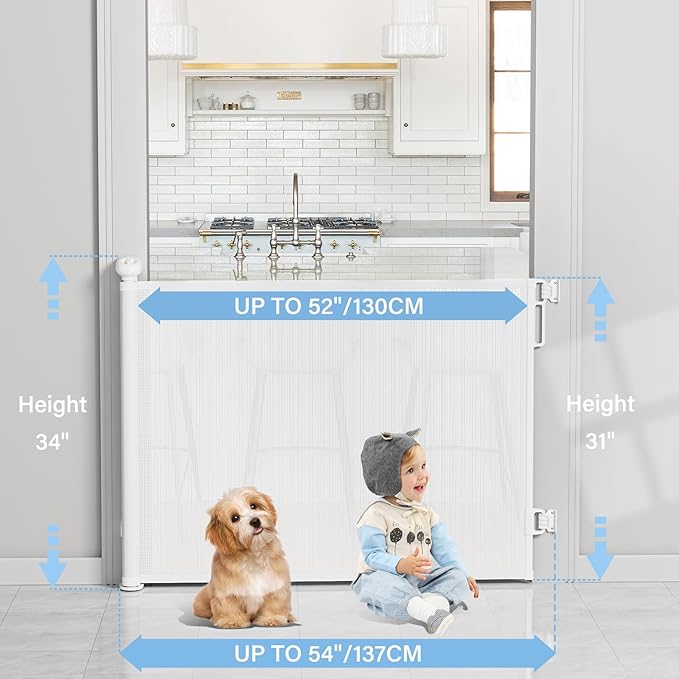 PRObebi Retractable Baby & Dog Gate - Extends to 54" Wide, 34" Tall - Stair, Doorway & Hallway Use