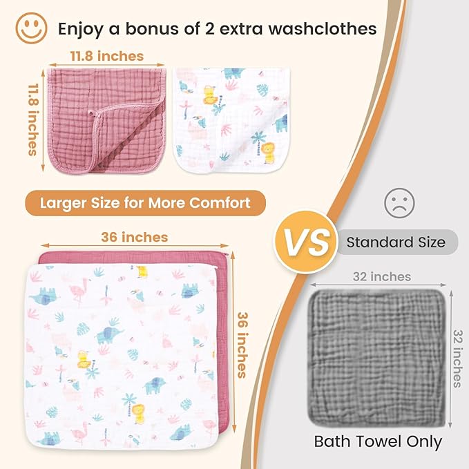 Hooded Baby Towels for Newborn 2 Pack, 36x36 Inch Muslin Cotton Baby Bath Towel and 2 Pack Washcloths for Babies, Toddler and Kids, Soft and Absorbent Newborn Essential(Pink and Apricot)