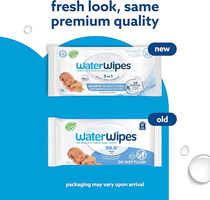 WaterWipes Sensitive+ Newborn & Baby Wipes, 3-In-1 Cleans, Cares, Protects, 99.9% Water, Unscented & Hypoallergenic, 60 Count