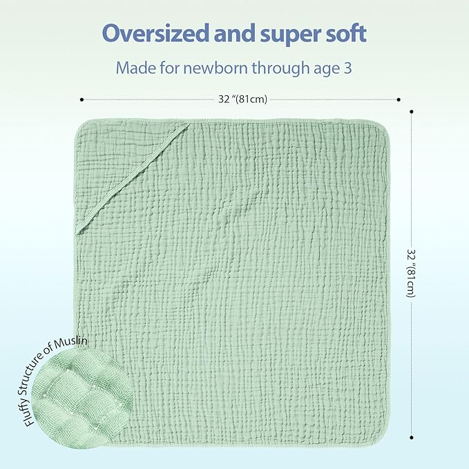 Hooded Baby Towels for Newborn - 2 Pack, 100% Muslin Cotton, Baby Bath Towels with Hood, Soft and Absorbent for Boys, Girls Infant, Toddler and Kids, Large 32x32 Inches, Newborn Essential
