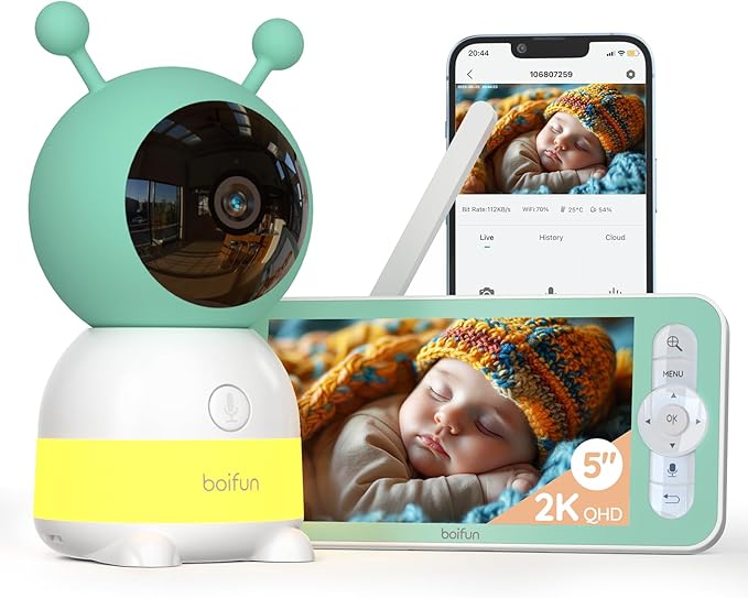 BOIFUN 2K WiFi Baby Monitor with Camera and Audio,Smartphone APP, Colorful Night Light, Smart AI Motion & Sound & Humidity & Temperature Detection, Auto Tracking,5-Inch Monitor Control, Night Vision