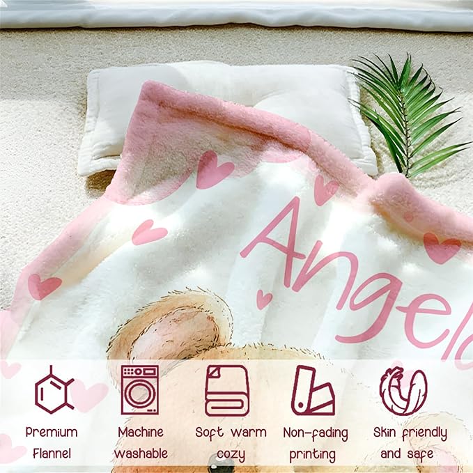 Personalized Baby Blanket for Girls, Custom Baby Blanket with Name, Soft Cozy Personalized Name Blankets for Kids, Customized Bear Blanket for Infant Toddler Birthday Christmas