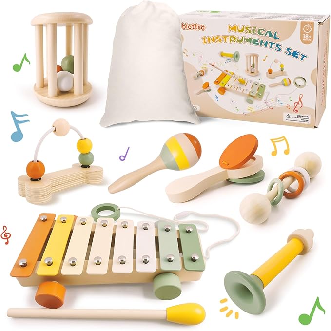Musical Instruments 7PCS Baby Musical Toys for 18M+ Toddler Boy Girl Toys 2 3 Years Old Wooden Xylophone Maraca Trumpet Rattle, etc. (Storage Bag Included)