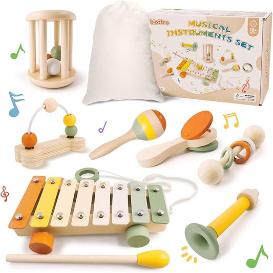Musical Instruments 7PCS Baby Musical Toys for 18M+ Toddler Boy Girl Toys 2 3 Years Old Wooden Xylophone Maraca Trumpet Rattle, etc. (Storage Bag Included)