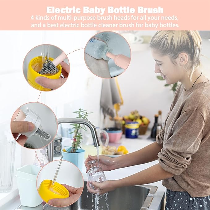 Electric Baby Bottle Brush Set with Rechargeable Electric Bottle Brush Cleaner and Replaceable Silicone Bottle Brushes and Straw Brush Cleaner, Waterproof Multi-Purpose Cleaning Brush(Pink)