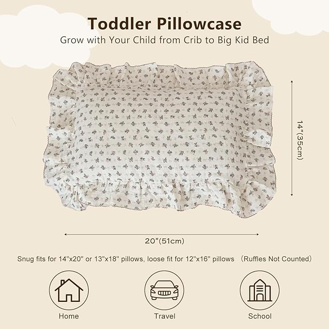 BuLuTu Chic Bellflower Pink Toddler Pillowcase with Ruffles Pillow Cover for Boys Girls 1 2 3 4 5 6 Years Old, Soft Breathable Muslin Cotton Pillow Case for Crib Cot Cradle, 14"x20", 1 pc