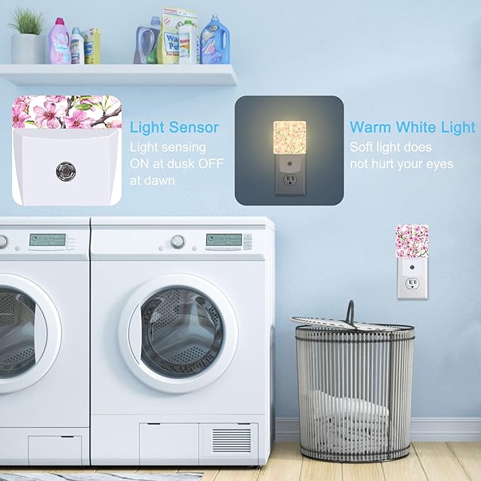Spring Flowers Blossom Plug in Night Light with Auto Dusk to Dawn Sensor,Warm Night Lights for Boys Girls Bedroom Bathroom Hallway Kids Room Gifts