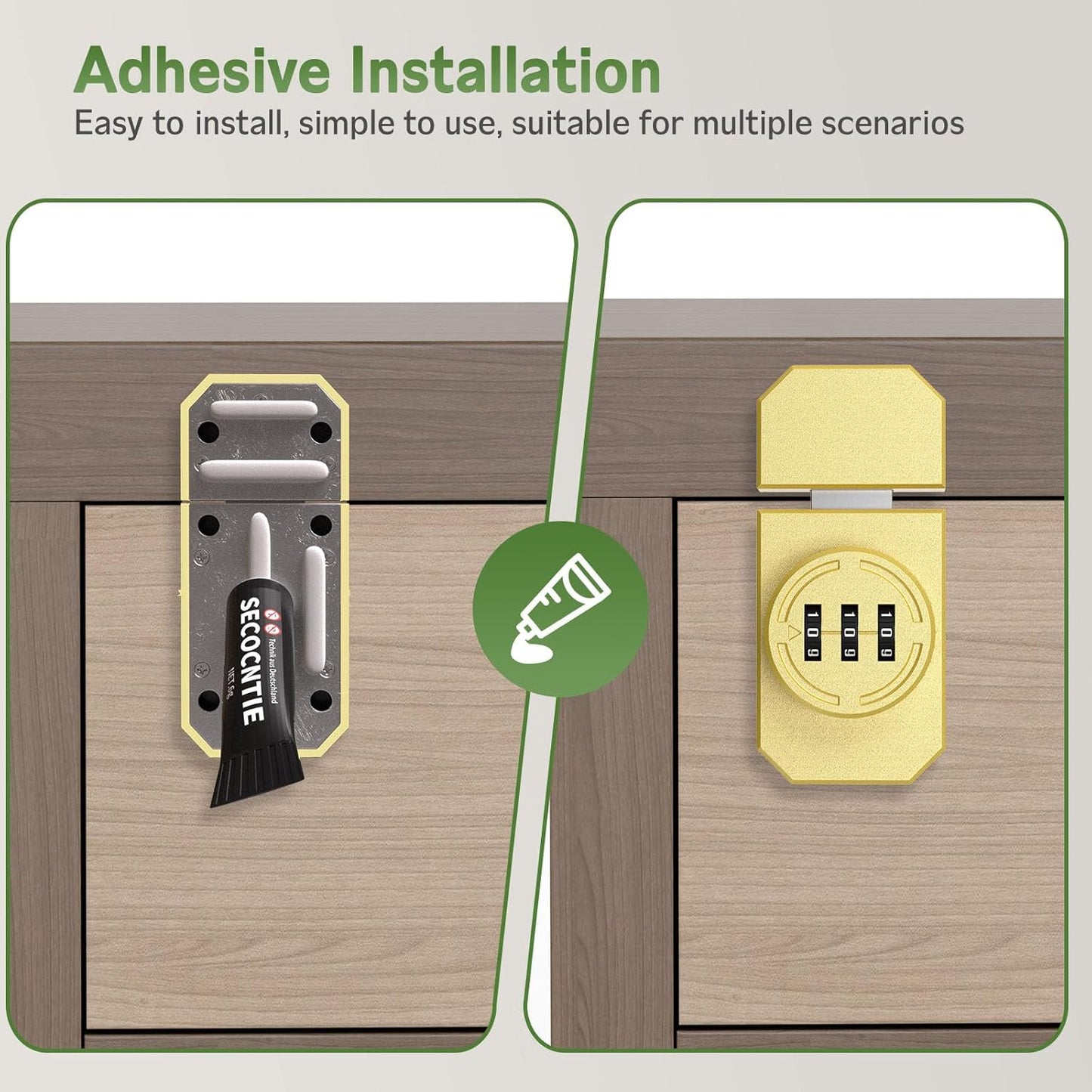 Keyless 3-Digit Combination Lock, Mechanical Stick-on Drawer Latch, Security Adhesive Cabinet Lock for Closet & Barn One-Way Doors (1, Gold)