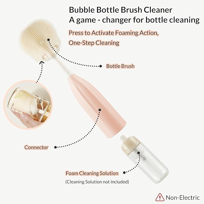 Baby Bottle Brush Kit with Push-Press Bubble and Drying Rack for Bottle Cleaning, Bendable Bottle Cleaner Brush for Baby Bottles, Breast Pumps, Nipples, Straws and More. Perfect for Home&Travel (Pink)