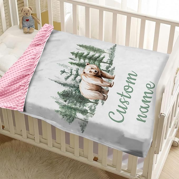 Custom Name Baby Receiving Blanket – Cozy Flannel with Double-Layer Dotted Backing – Bear in Forest Theme for Newborns and Toddlers