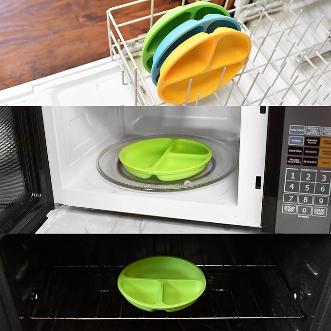 PandaEar Divided Unbreakable Silicone Baby and Toddler Plates - 3 Pack - Non-Slip - Dishwasher and Microwave Safe - Silicone (Blue Green Yellow)